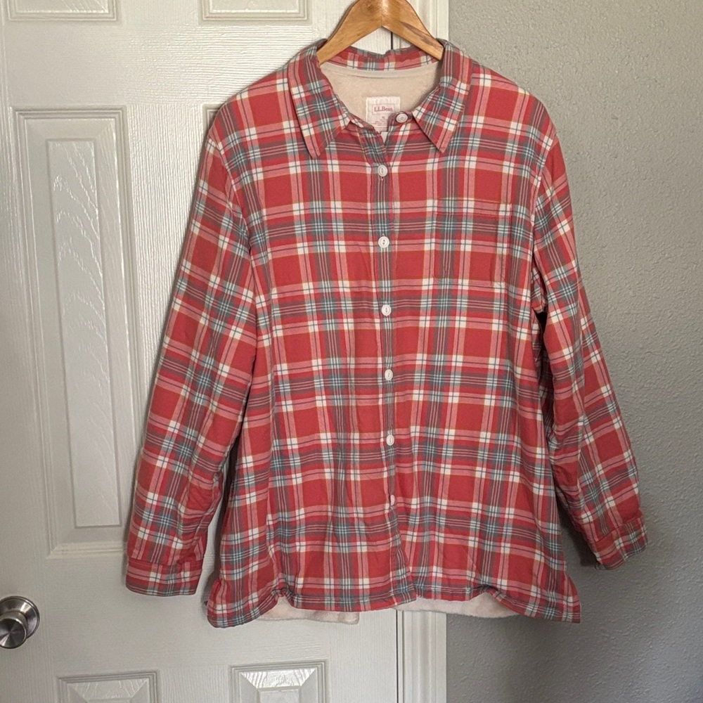 L.L. Bean Pink and White Plaid Fleece lined Flannel Jacket Shacket Size XL